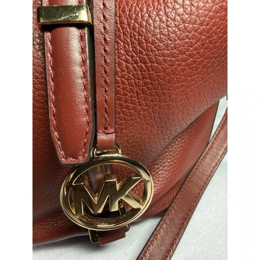 Michael Kors Bedford Pebbled Leather Satchel Crossbody Bag Oxblood Burgundy Gold